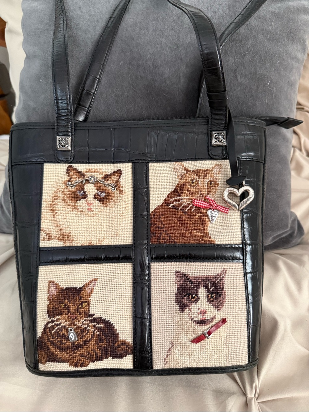 Brighton Black Patchwork Tapesty Cat Tote with Heart Charm.